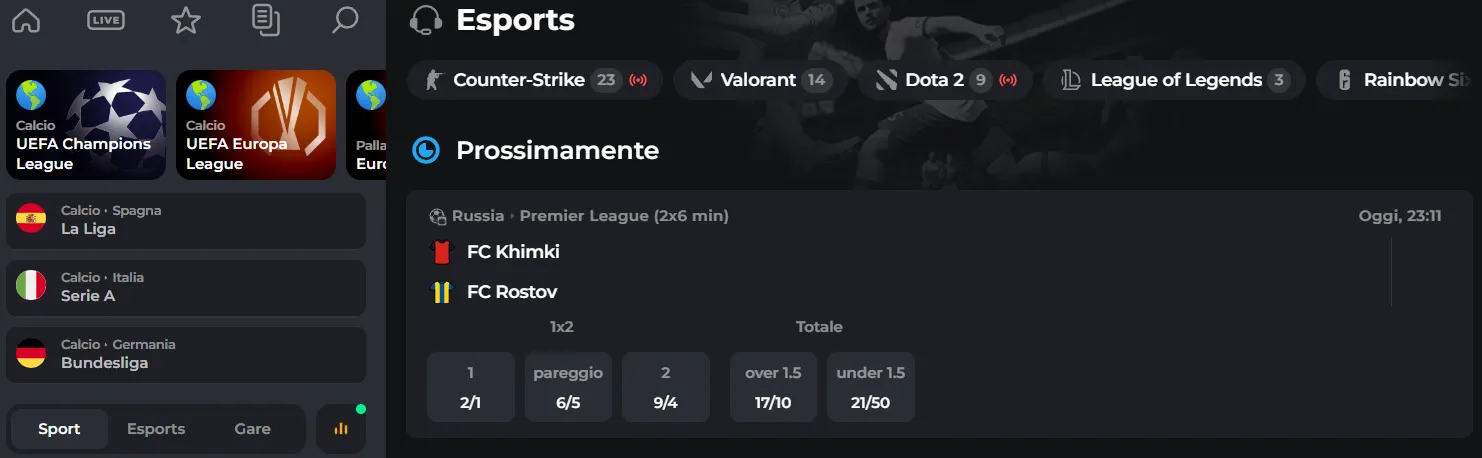 Sezione eSport di Gambloria Casino con scommesse competitive