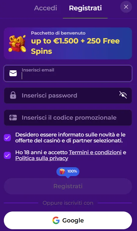 Registrazione su Gambloria Casino per creare un nuovo account